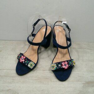 BP Navy Suede High Block Heels with Floral Embellishments Size 10 M